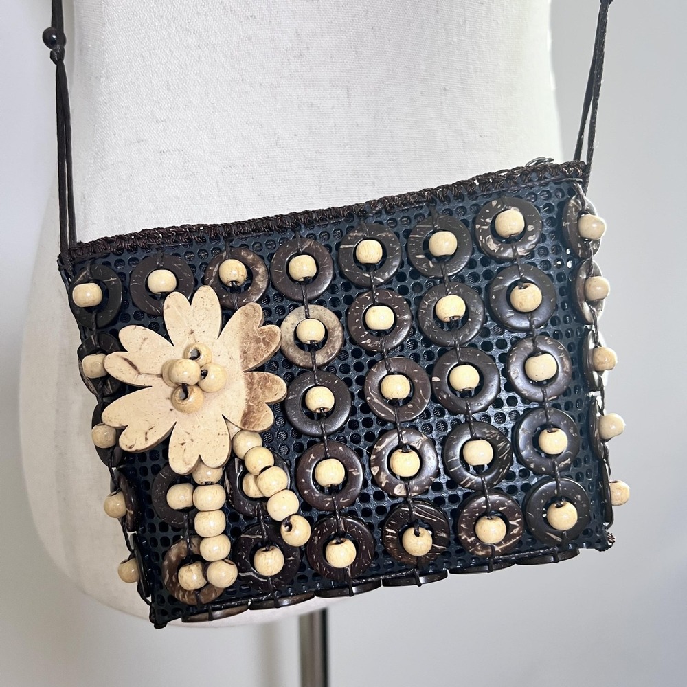 Robin Ruth Boho Coconut Shell Beaded Crossbody Bag Y2K Indie Festival Retro‎